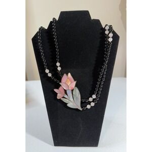 Lee Sands Inlay Mother of Pearl Flower Necklace Accent Bead Barrel Clasp 1980's